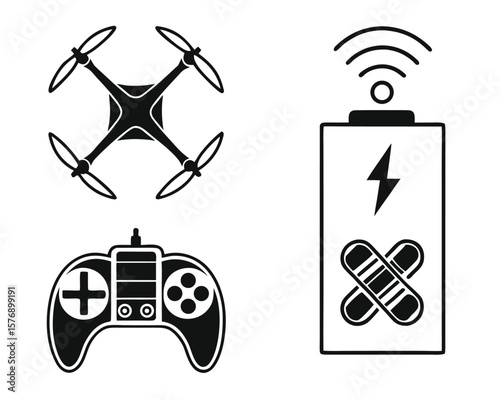 Black and white drone elements remote control, battery and wireless connectivity icons.