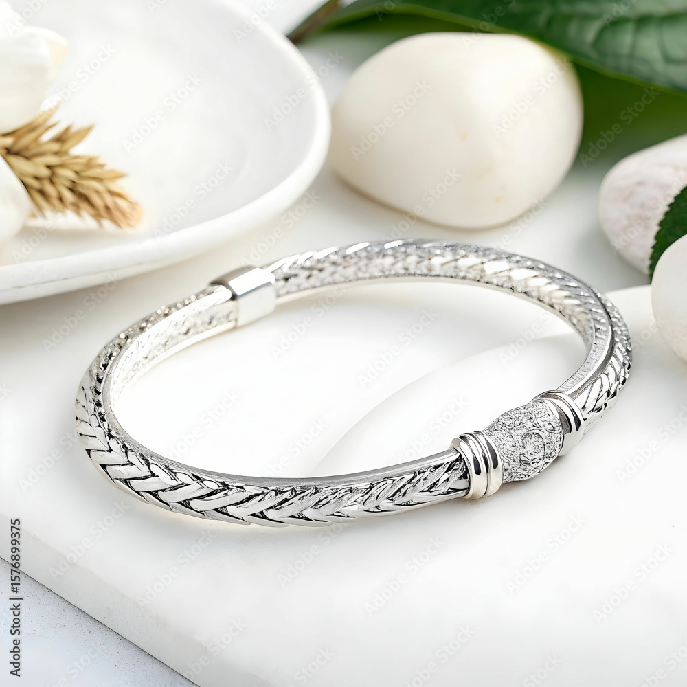 Fototapeta premium elegant silver bracelet on natural white background