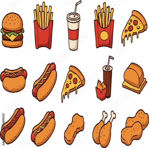 Colorful Fast Food Icon Set: Burgers, Fries, Pizza, and Drinks for Restaurant Menus and Apps