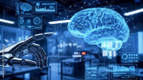 Futuristic robotic hand reaching towards a digital brain hologram in a high-tech laboratory setting