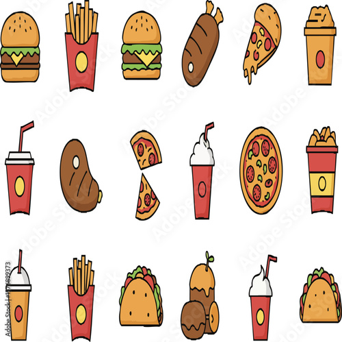 Colorful Fast Food Icon Set: Burgers, Fries, Pizza, and Drinks for Restaurant Menus and Apps
