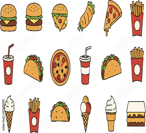 Colorful Fast Food Icon Set: Burgers, Fries, Pizza, and Drinks for Restaurant Menus and Apps