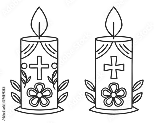 Decorative outline candles featuring a cross flower and foliage design celebrating religious beliefs.