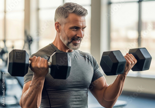 Fit middle-aged man with grey hair lifting dumbbells at the gym. Strength training, healthy lifestyle, and fitness motivation for men over 40. Perfect example of active aging and muscle building.


