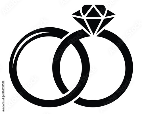 Elegant black and white illustration of two wedding rings with a diamond engagement ring.