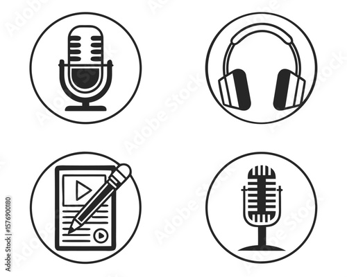 Black and white podcasting icons representing recording equipment and media production elements.