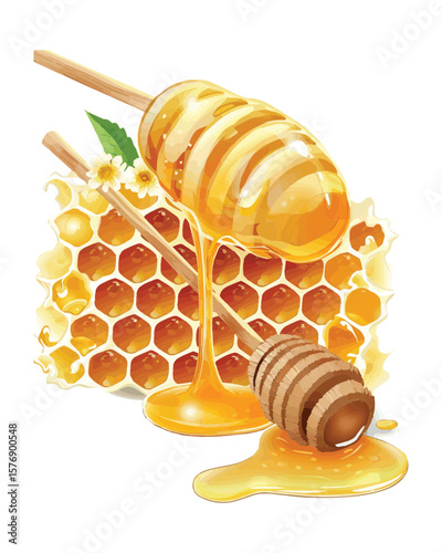 Honey Dripping from Honeycomb with Honey Dippers