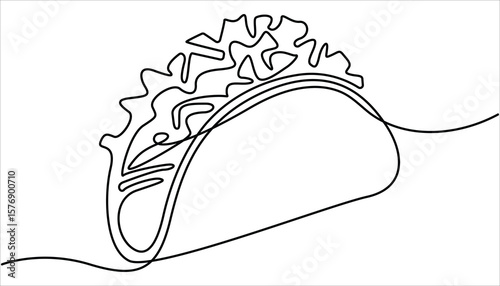 
continuous single drawn one line taco hand-drawn picture silhouette. One continuous line drawing of Tacos food vector illustration. Traditional food in simple linear style vector design concept. 