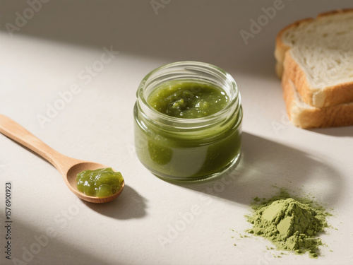 Flatlay of Green Tea Matcha Jam Jar with Wooden Spoon and Minimal Styling