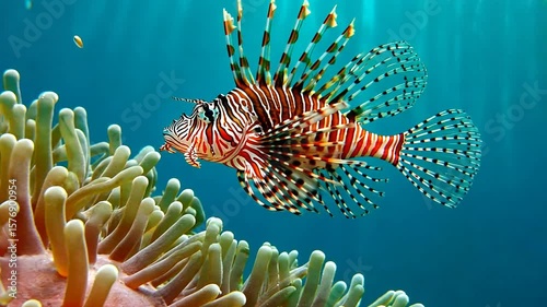 Colorful lionfish swimming gracefully near coral reef in a vibrant underwater scene