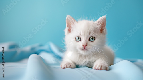 Adorable Kitten Posing on a Soft Pastel Background,Cute little kitten looking upwards against a blue background and space for text.
