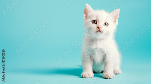 Adorable Kitten Posing on a Soft Pastel Background,Cute little kitten looking upwards against a blue background and space for text.

