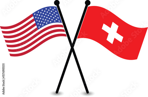 Crossed Flags of the USA and Switzerland, symbolizing international relations.