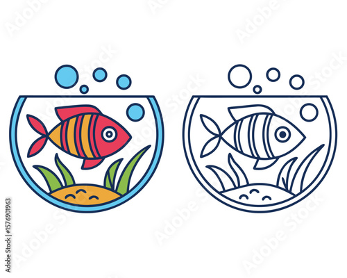 Colorful cartoon fish in a fishbowl with decorative elements and line art illustration.