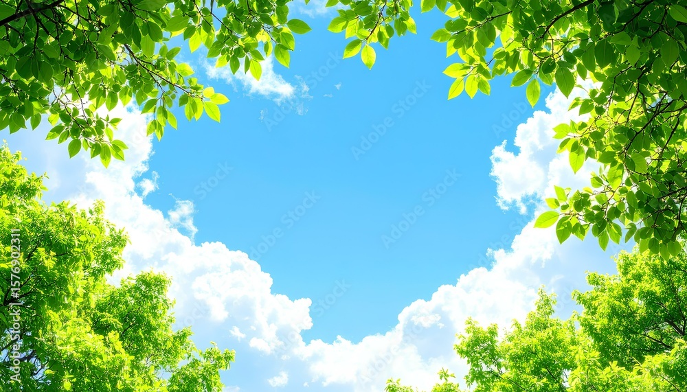 Fototapeta premium green tree branches frame on blue sky backdrop