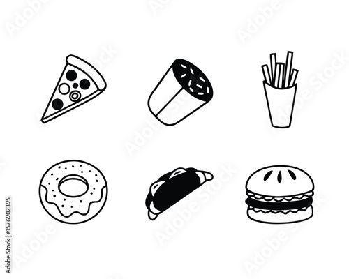 Vector illustration of various fast food icons including pizza burger fries and donut.