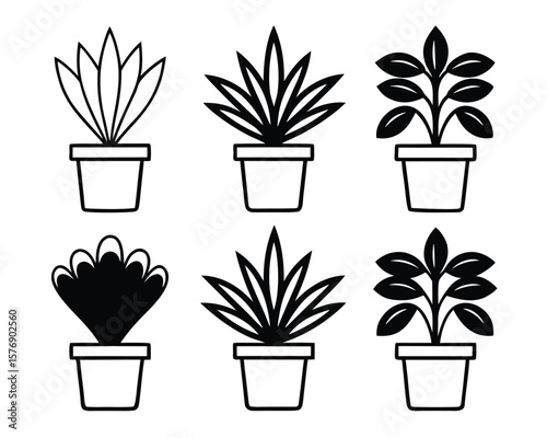Potted plants in different styles suitable for decoration and design projects vector illustration. Gardening plants icon set.