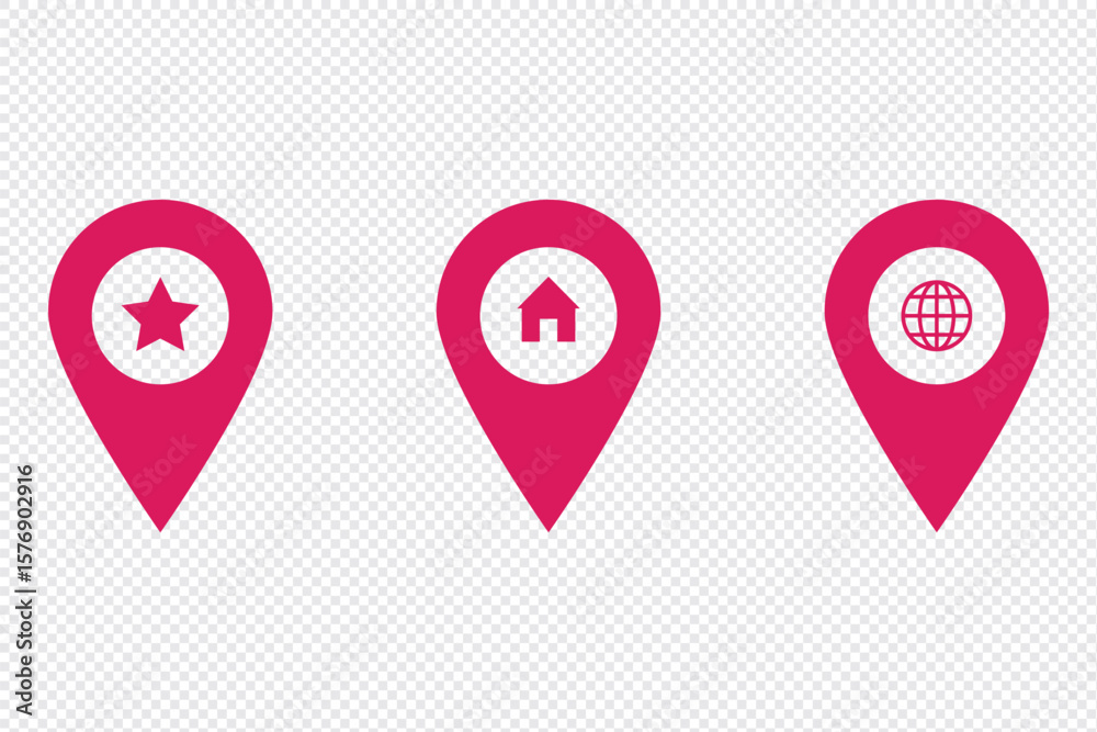 Fototapeta premium Map location pinpoint icon set collection global guide navigation illustration vector for web and app template design. Global positioning system sign. Home address geo location. Map pointer house icon
