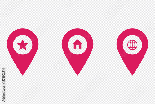 Map location pinpoint icon set collection global guide navigation illustration vector for web and app template design. Global positioning system sign. Home address geo location. Map pointer house icon