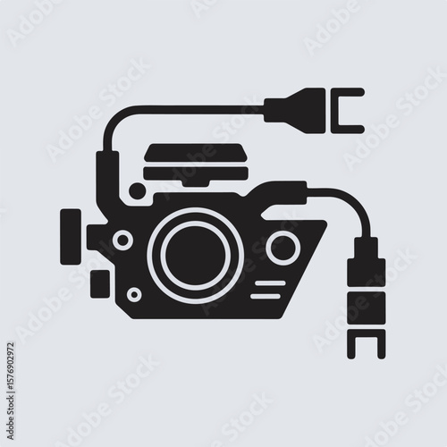 Vector illustration of a detailed stylized camera silhouette with attached power cables and connectors in a modern design