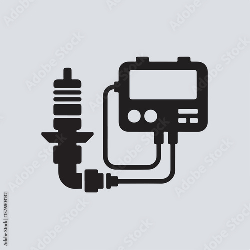 Black and white icon depicting a car spark plug diagnostic tool representing automotive repair and maintenance services