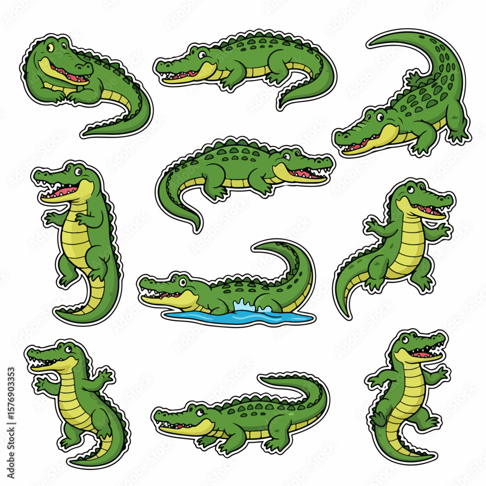 Obraz premium Green crocodile poses collection for kids and educational projects