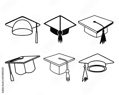 Vector illustration of six different graduation mortarboard hats in black and white outlines.