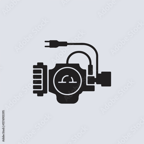 Minimalist icon representing a water pump featuring inlet and outlet connected to an electrical plug for power supply