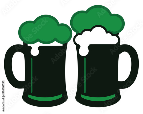 Vector illustration of two dark beer mugs filled with green beer and foam for celebration.