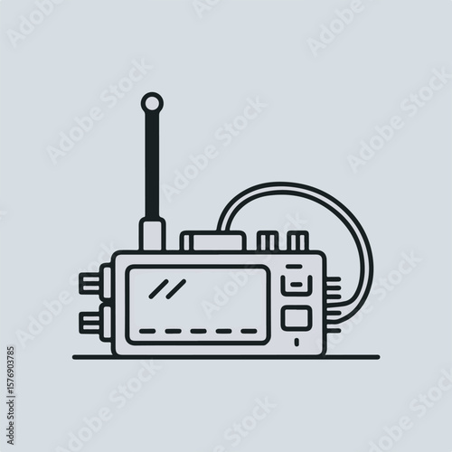 Simplified minimalist illustration of a two-way radio device with antenna and clear lines on a solid light gray background.