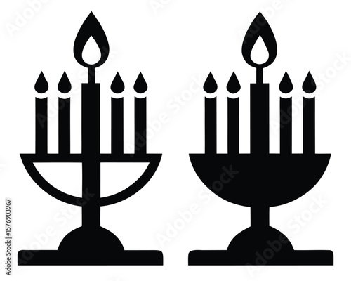 Black and white stylized illustrations of a menorah with lit candles on white background.