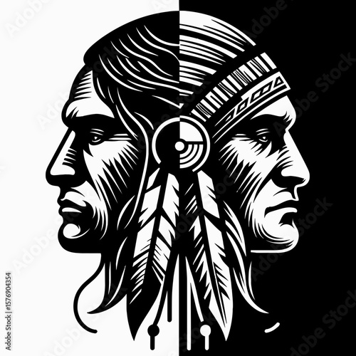 Black and White Illustration Face of Native Americans Indian 