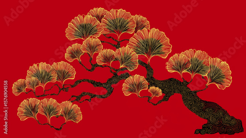Elegant Golden Chinese Bonsai Tree on Red Background – Stylized Vector for Presentation and Decoration