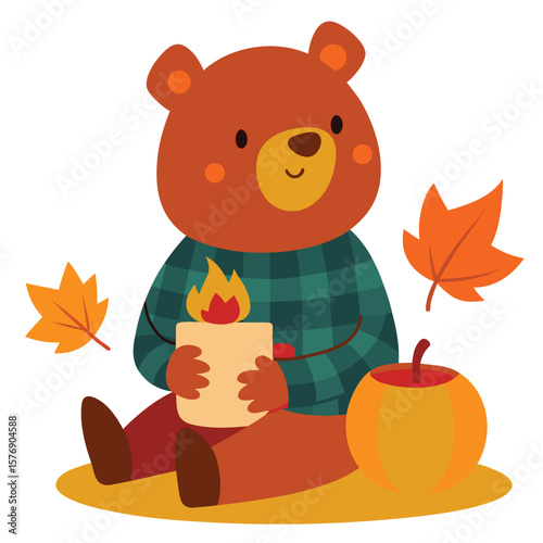 Charming illustration of a cheerful brown bear wearing a cozy red and black flannel shirt happily holding a steaming mug of warm apple cider