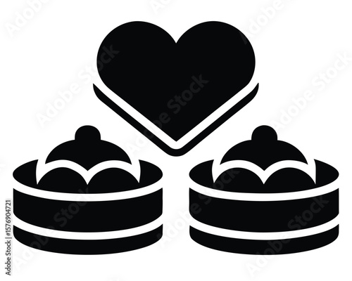 Black and white vector illustration of dim sum and a heart shape representing love.