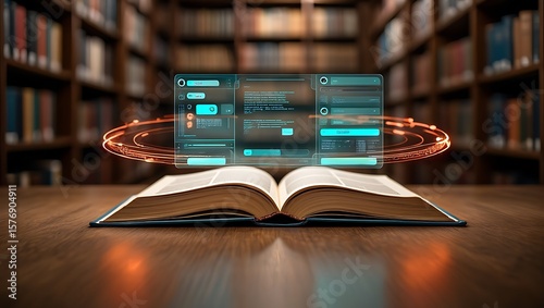 Open book displays futuristic technology with interactive interface in a library background for a creative digital learning experience.