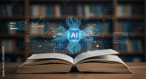 Open book with artificial intelligence chip, representing knowledge, learning, data analysis, and digital transformation.