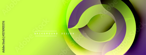 Bright abstract design features layered curves. Vivid green, purple hues create dynamic visual effect. Modern background element.
