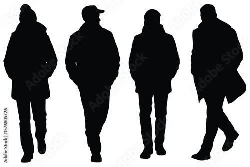 Four figures walking winter attire silhouette people