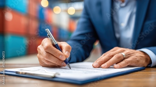 Businessperson Signing Important Document in Industrial Setting