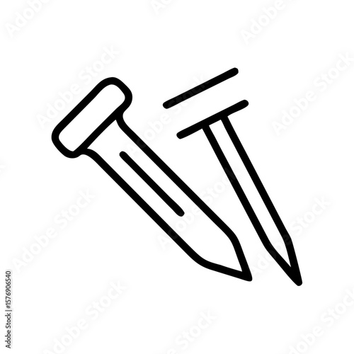 Two metal nails and a bolt in simple line art style  