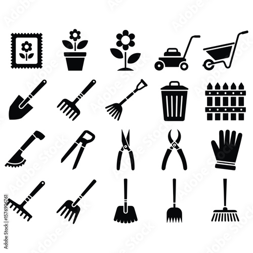 Garden tools and elements shovel rake