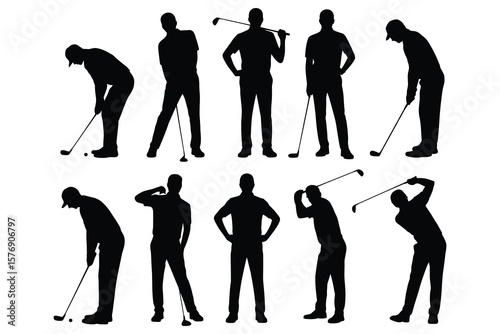 Golfers swinging clubs and preparing to hit ball sport