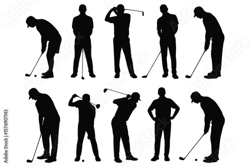 Golfers swinging clubs and preparing to putt sport