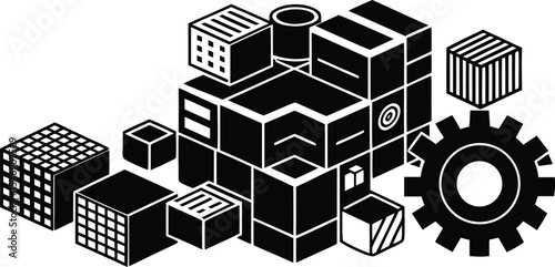 Vector art of an abstract isometric illustration of building blocks and a gear, symbolizing industry and construction.