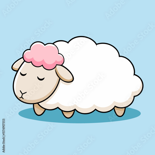 A cute cartoon white sheep with a fluffy body, small ears, and closed eyes, appearing to be asleep. It is lying down on a light blue surface with a small, pink flower next to it