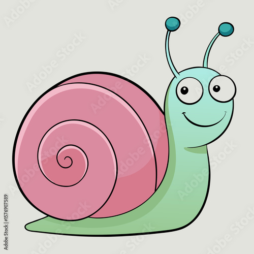 A cartoon snail with a large, round, pink shell featuring a swirl pattern, and a light green body with two small antennae. The snail is looking forward with a happy expression.