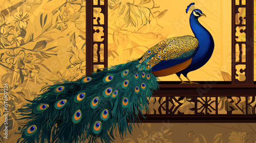 Vintage Peacock Vector in Sandstone Window Arch with Decorative Feathers and Background for Cultural Design