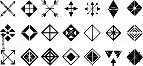Vector art of a diverse collection of black geometric shapes and symbols on a white background.