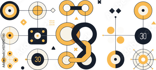 Vector art of an abstract geometric design featuring interconnected circles, squares, and lines in yellow and black.